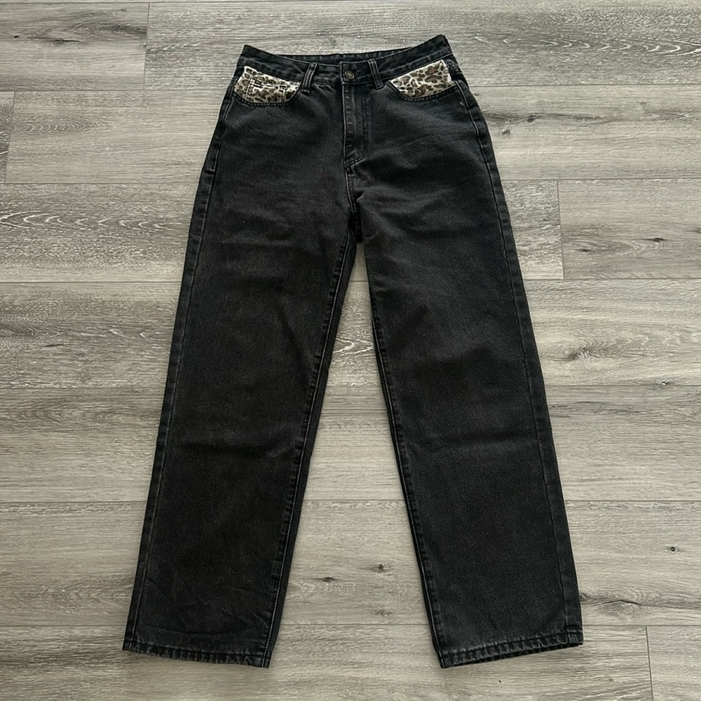 Washed Black Wide Leg Jeans Cheetah